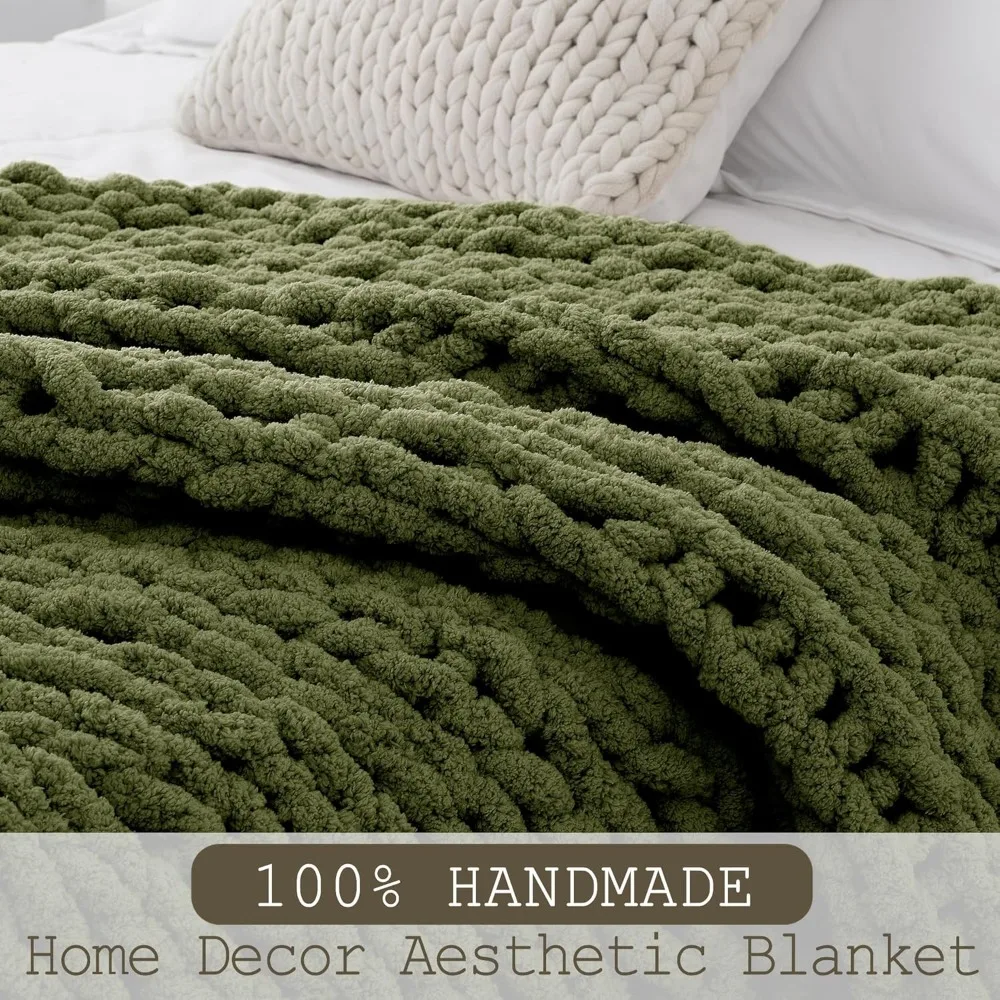 Thick Woven Blanket, 60 “x80”, 100% Handmade with Soft Chenille Yarn, Large Rope Knot Hook, Hand Woven Blanket