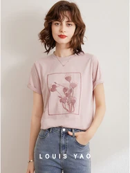 LOUIS YAO Women T-shirt Sequin Embroidery Flowers Tee 2024 Summer O Neck Short Sleeve Basic Casual Pullover Top