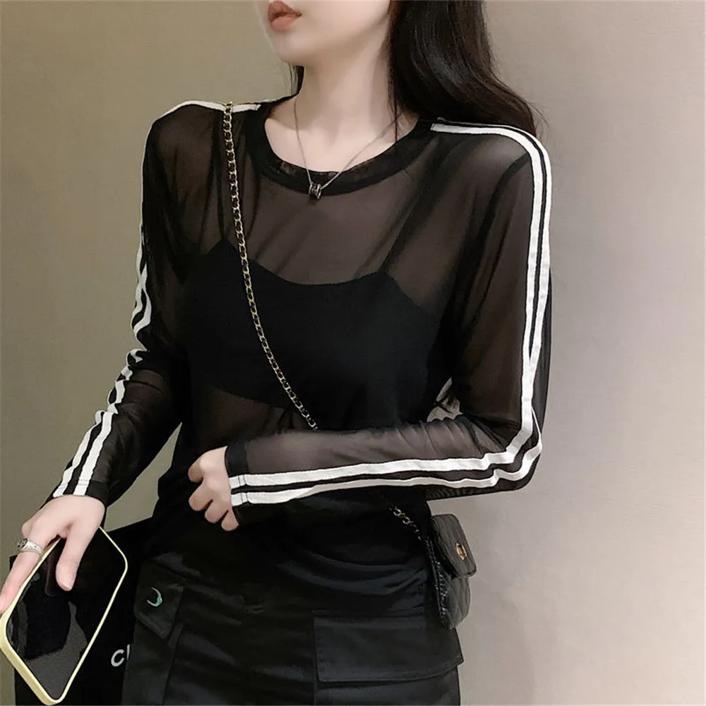 Y2k Fashion Streetwear See Through Mesh Blouses Korean Sun Protection Tops  Sun-Proof Shirts Women Striped Long Sleeve T-Shirts