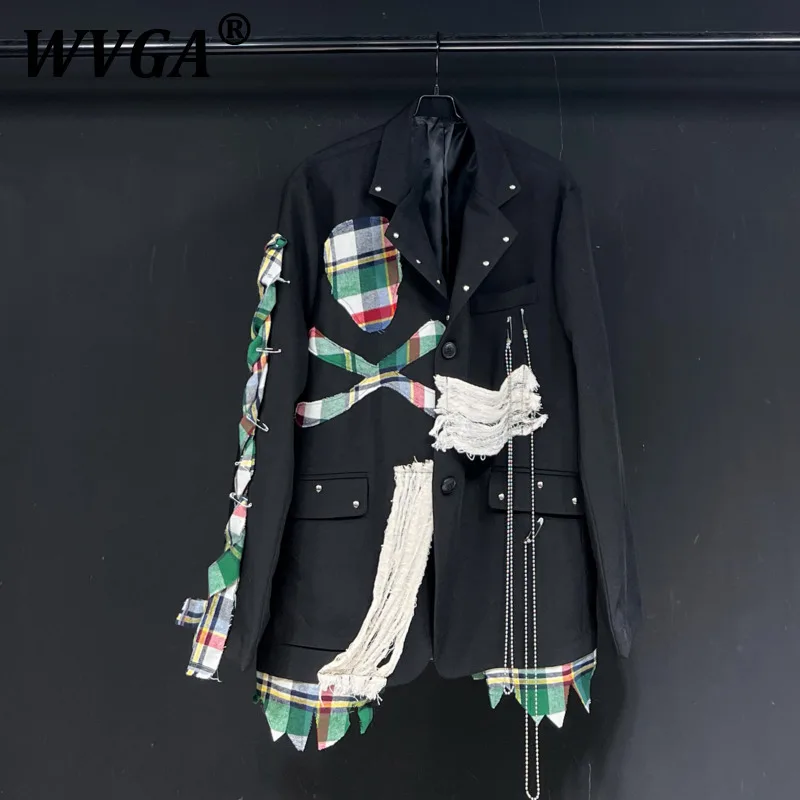 

WVGA Blazer Coat Autumn Winter New Man Wide Shoulder Patchwork Plaid Trendy Niche Chic Casual Long Sleeve Suit Jacket Ins W10820