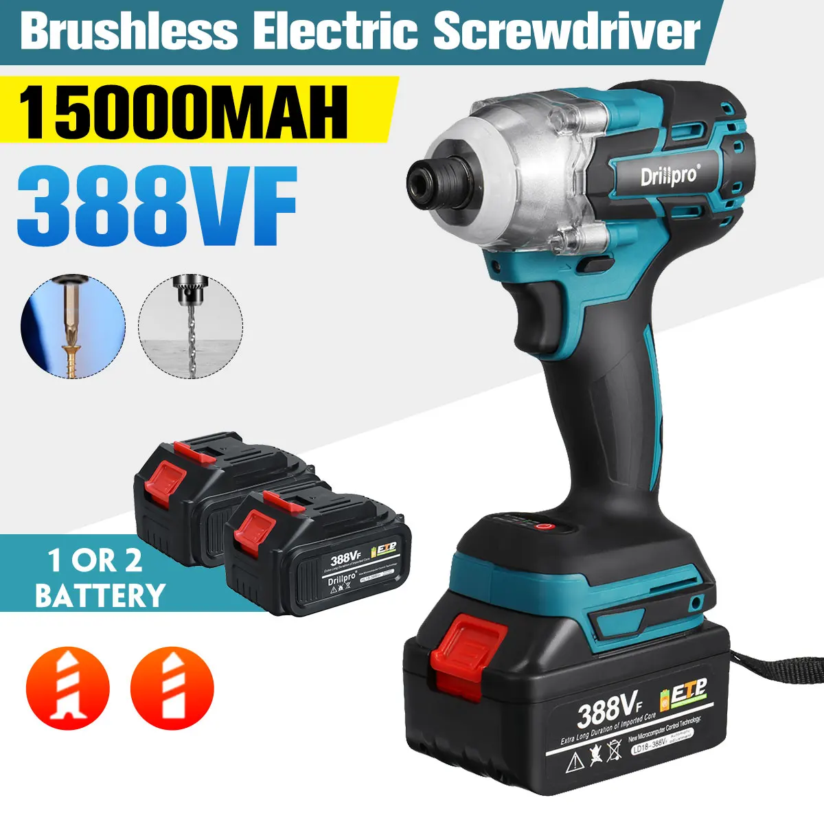 Drillpro 388VF Không Chổi Than Điện Tua Vít 1/4 Inch Dụng Cụ Điện Máy Khoan + Đèn LED Cho Makita Pin 18V
