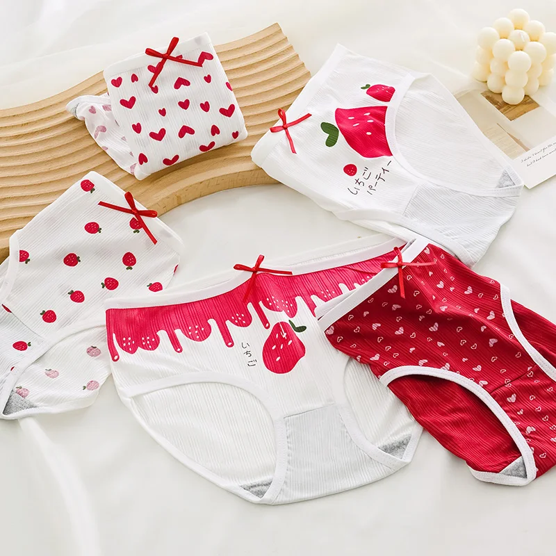 Female Underwear Girl Lace Sexy Panties Cartoon Lingerie Mid-rise Cherry LOVE Cute Soft Breathable Women\'s Intimate Intimates