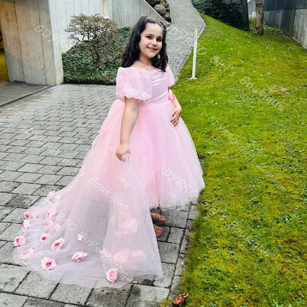 여아용 핑크 튤 공주 드레스, 트레인 있는 오프숄더 퍼프 소매 플라워 걸 드레스, 어린이 맞춤 웨딩 파티 가운