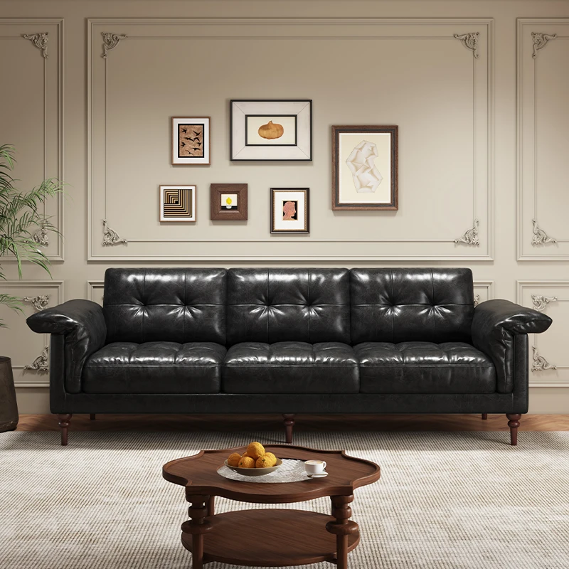 French Style Modern Solid Wood Genuine Leather Sectional Sofa Set Three-Seater Living Room 2024 New Model Black High-End