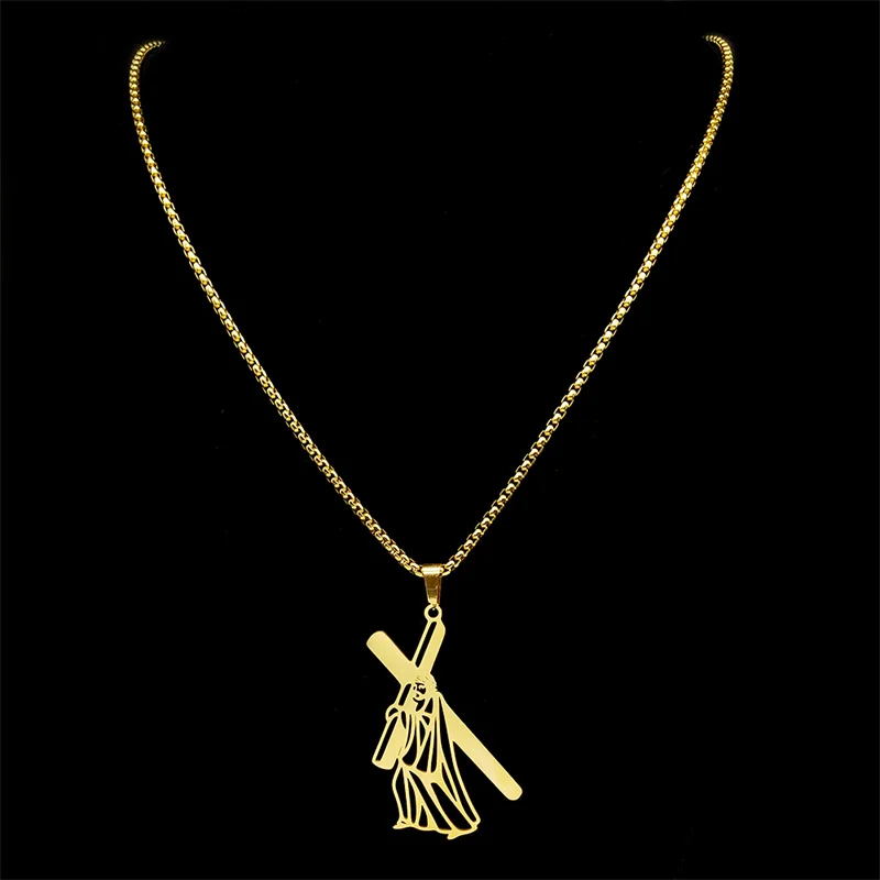 Hip Hop Catholic Jesus Cross Pendant Necklace for Women Men Stainless Steel Gold Silver Color Crucifix Chain Necklaces Jewelry