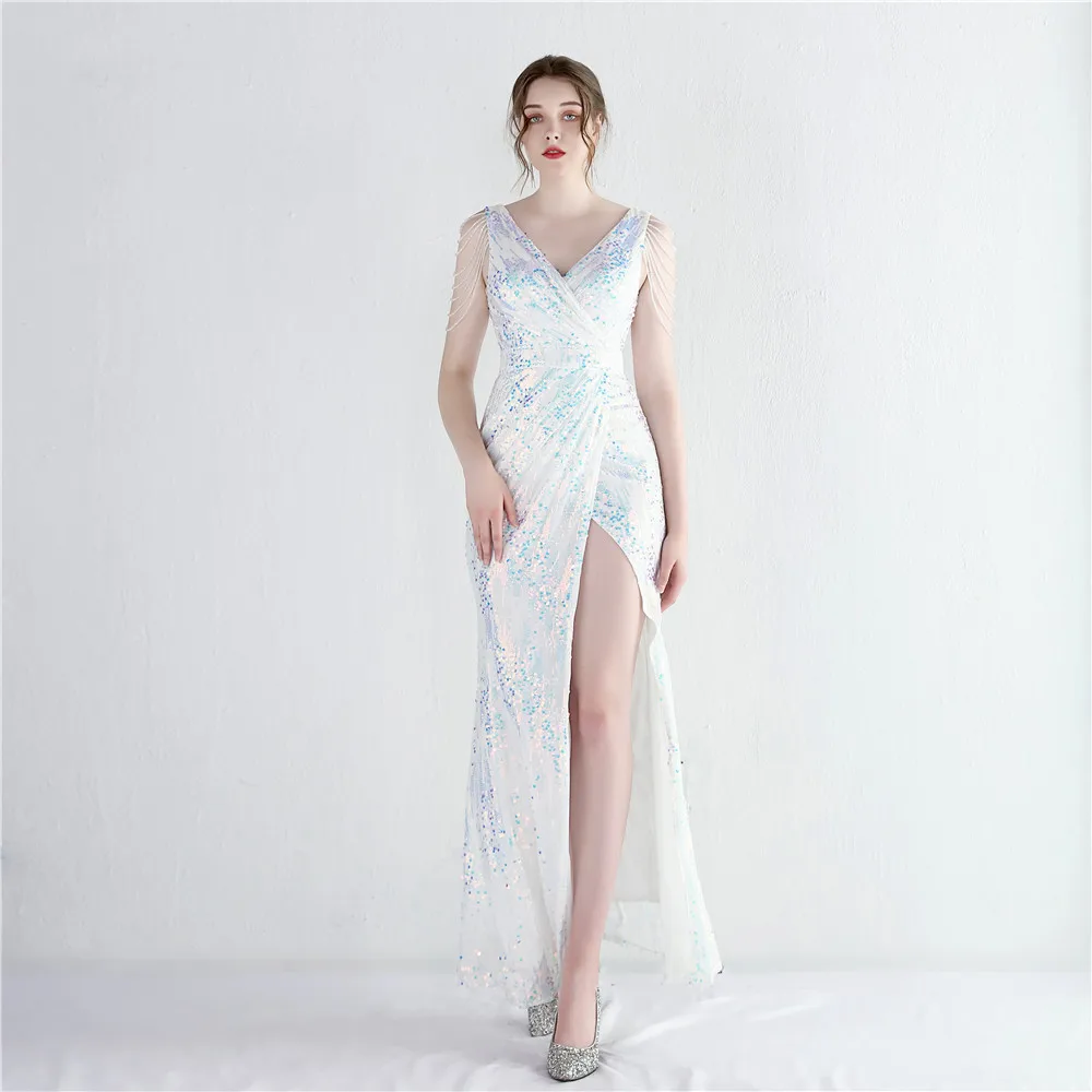 The New Sparkling Beaded Sequins Dress Ladies Banquet Temperament Split Long V-Neck Aura Queen Dinner Fishtail Skirt