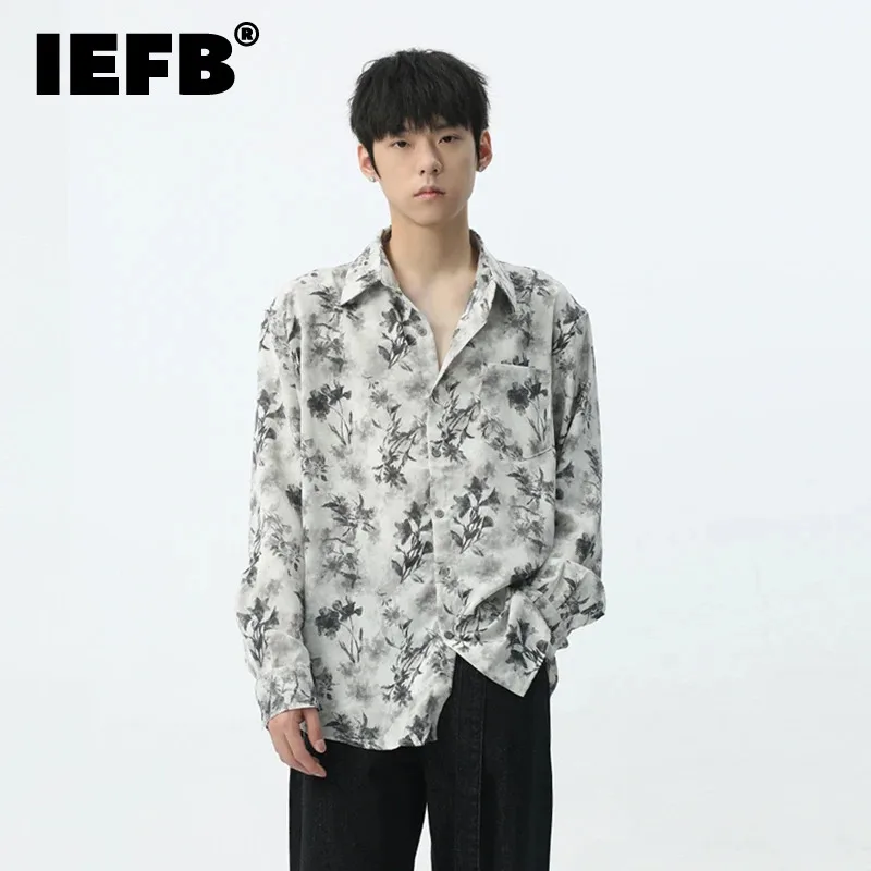 

IEFB New Shirt Chinese Style Long Sleeve Casual Tie-dye Lapel Single Breasted Printing Loose Autumn Fashion Male Tops 9C5384