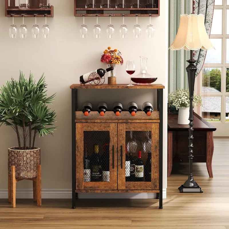 Bar Rack with Detachable Wine Rack, Coffee Bar Cabinet with Glass Rack, Small Sideboard with Mesh Door