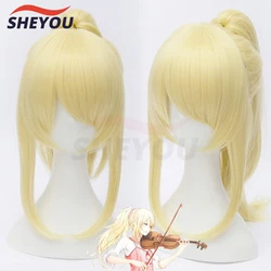 Your lie in April Miyazono Kaori Light Golden Blonde Clip Ponytail Heat Resistant Cosplay Costume Wigs + Wig Cap