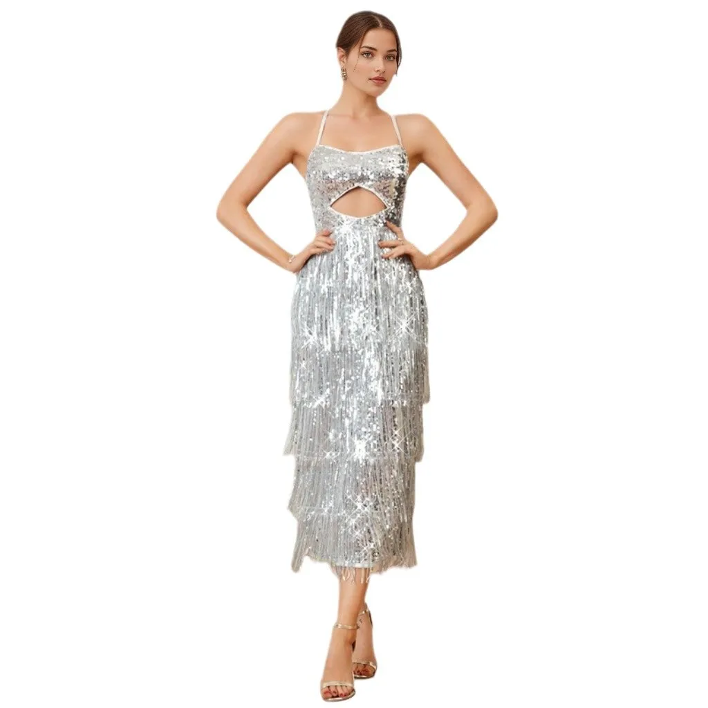 Abiti da sera da cocktail party con spacco posteriore a vita alta con bretelle in paillettes tinta unita Abito medio e lungo Vestido