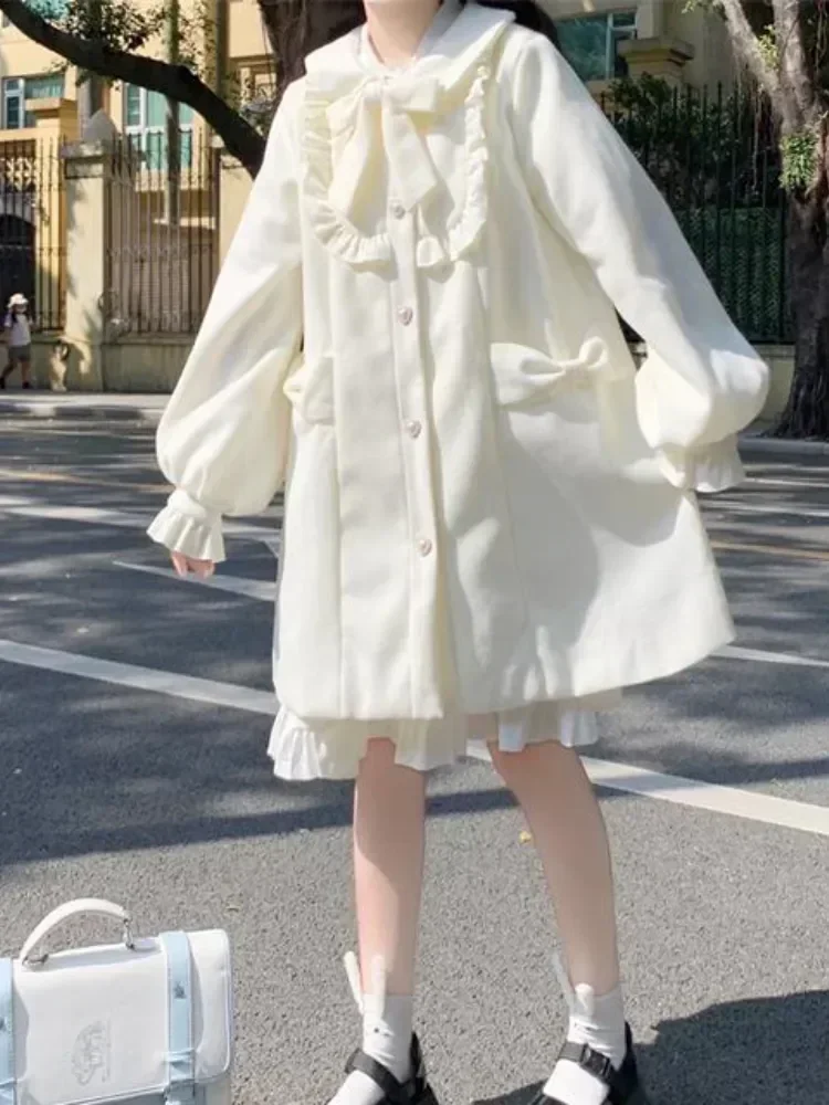 Coalfell Winter Warm Kawaii Sweet Coat Women White Japanese Cute Long Wool Coat Female Peter Pan Collar Loose Korean Overcoat