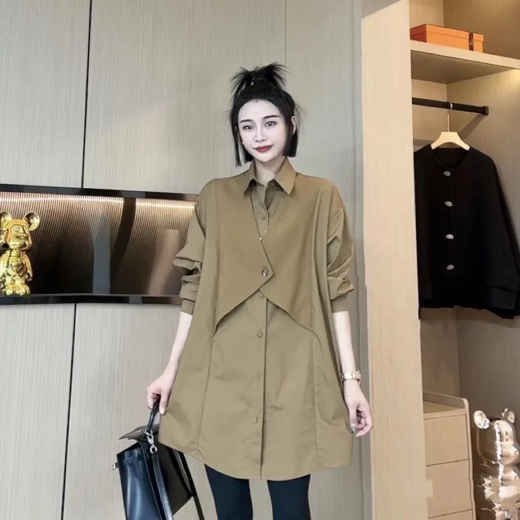 

New Early Autumn Loose Fashionable Fake Two-Piece Long Shirt Top