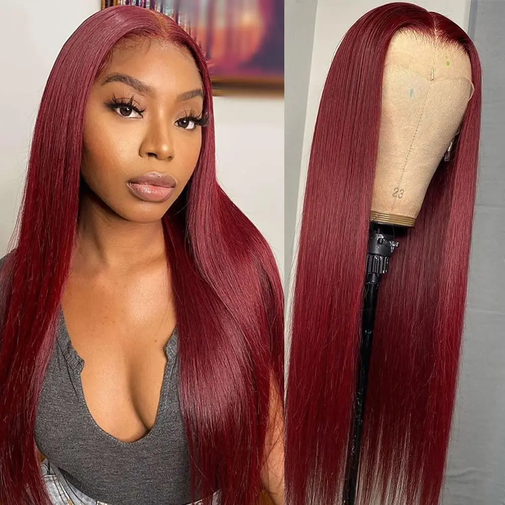 99j Burgundy Lace Front Wigs Human Hair 180% Density 13x4 Straight Lace Front Wigs Pre Plucked Wine Red Lace Front Wigs