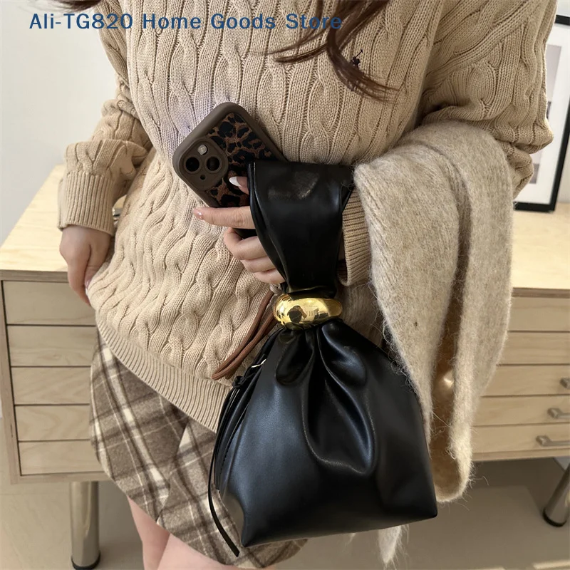 [TG820]Personalised PU Soft Leather Clutch Vintage Luxury Designer Women's Pleated Mini Bucket Bag Side Zip Party Evening Bag