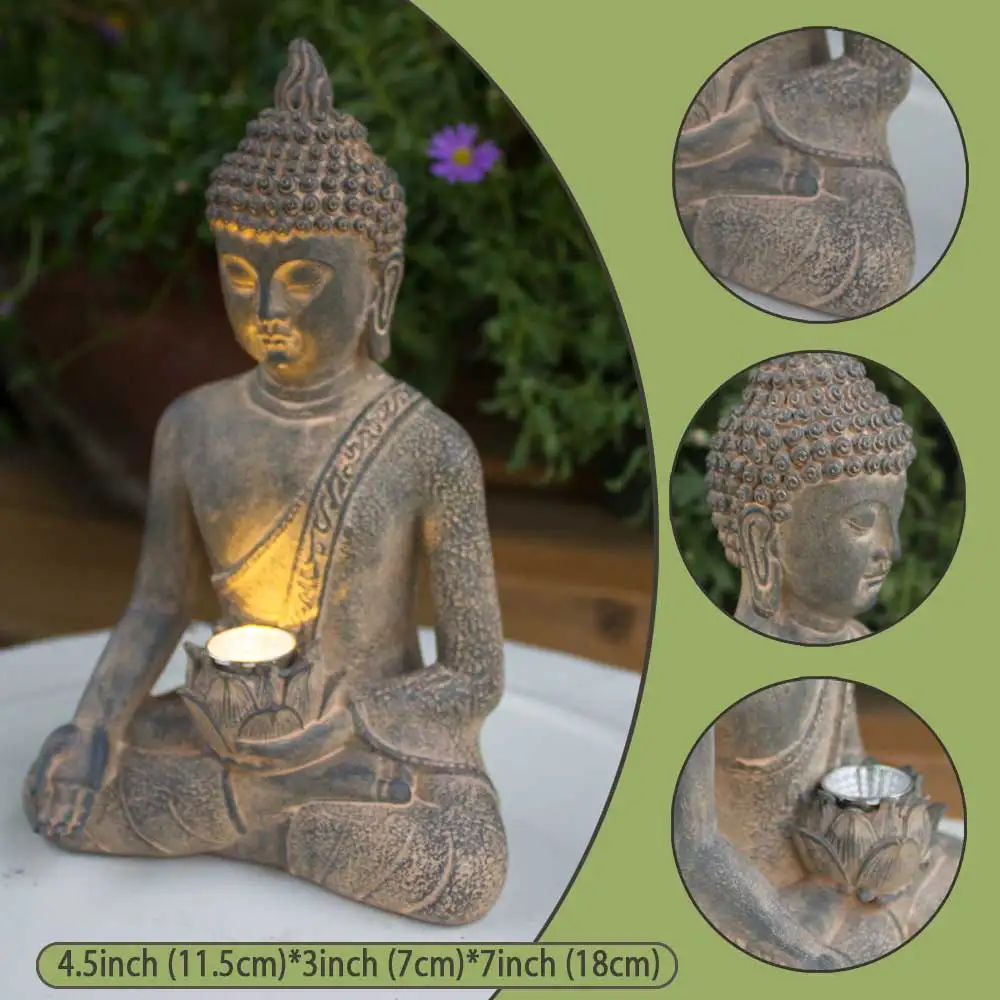 Solar Buddha Garden Statue LED Light Zen Outdoor Resin Lotus Flower Sculpture Meditating Yard Balcony Landscape Decoration