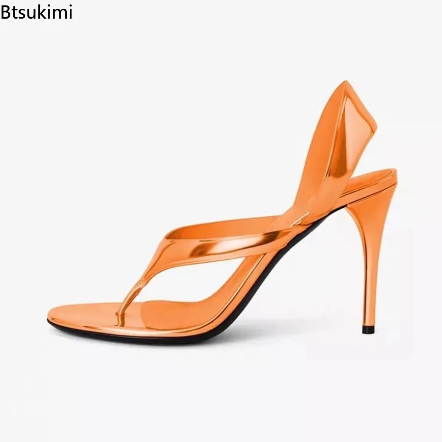 New Slingback Mirrored Leather Sandals Women Luxury Flip Flops Open Toe Solid High Heels Shoes Female Sexy Party Slip-on Sandals