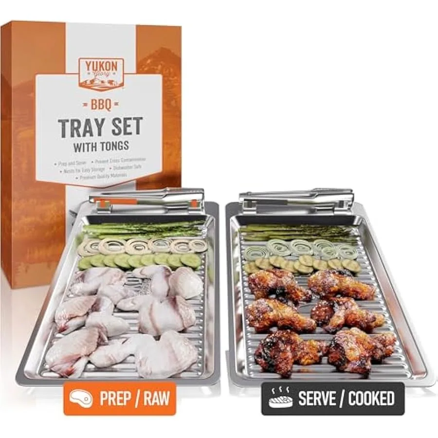 

Yukon Glory BBQ Tray Set with Tongs | Grilling Prep and Serve Trays | Colored Trays - Orange and Grey | Stainless Steel Serving