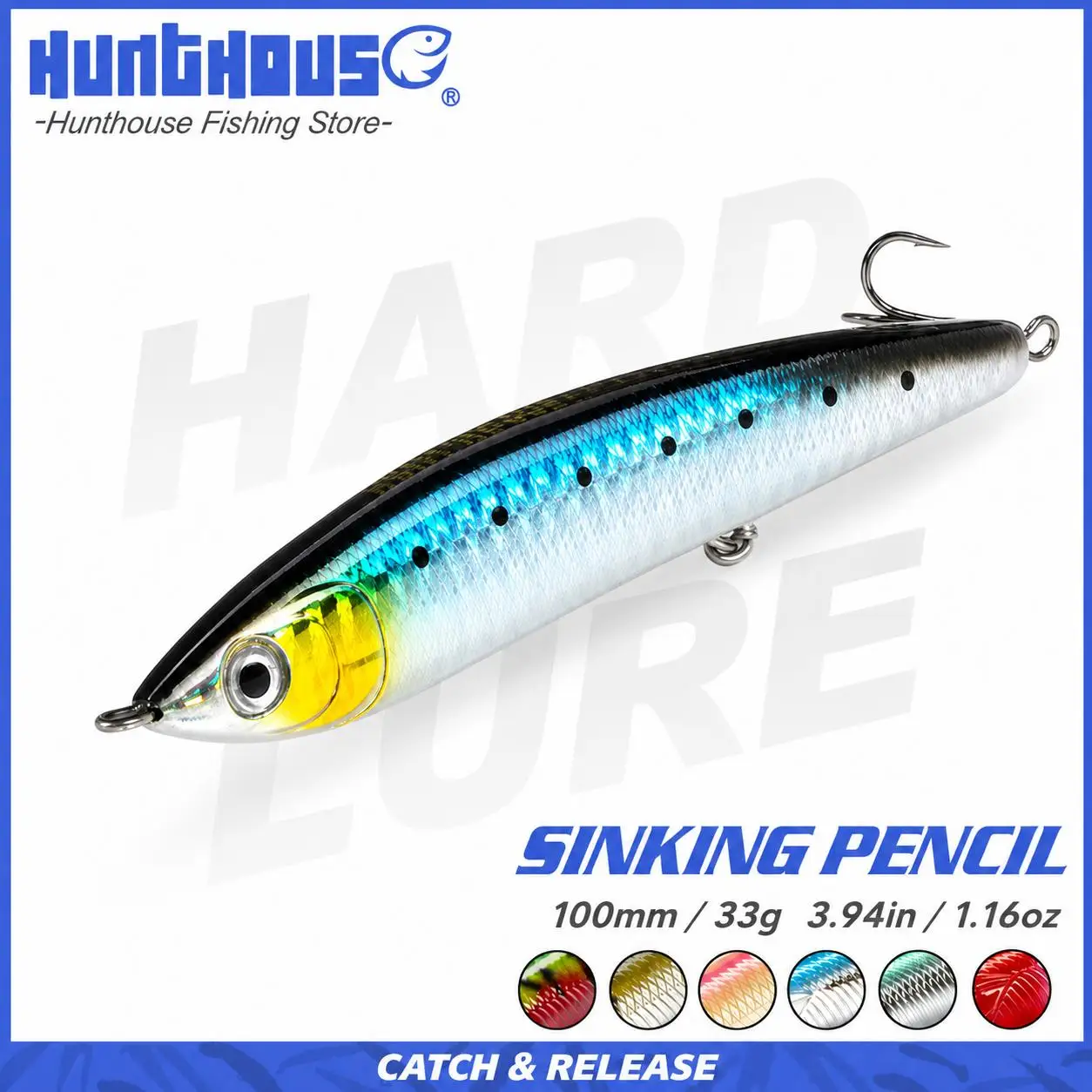 Leurre de pêche Hunthouse Sinking Pencil 100mm 33g, leurre dur à longue portée, wobbler artificiel pour eau salée et eau douce, pour la pêche au bar et au brochet.