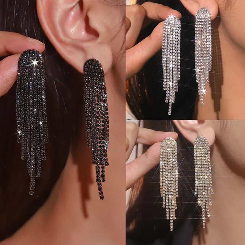 FYUAN Fashion Long Tassel Drop Earrings dla kobiet Black Gold Silver Color Rhinestone Dangle Earring Biżuteria ślubna i imprezowa