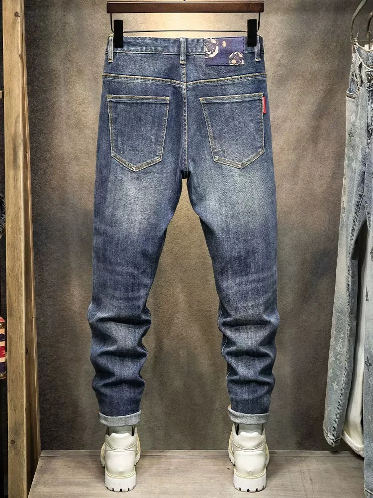 Fashion Designer Men Jeans High Quality Retro Blue Elastic Slim Fit Ripped Jeans Men Trousers Patched Vintage Denim Pants Hombre