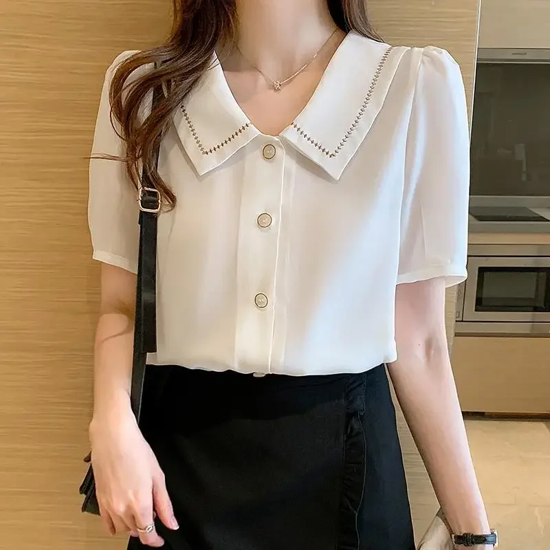 Coreano Femme Top Donna elegante Camicetta con colletto rovesciato Donna Estate Solid White Chic Camicetta Manica corta T-shirt in chiffon S48