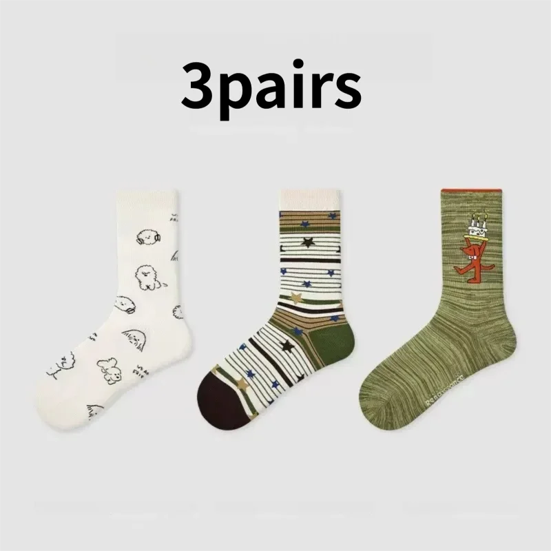 

HeYe, 3 пары осенне-зимних спортивных дышащих впитывающих пот новых хлопковых женских носков до середины икры в полоску с рисунком щенка