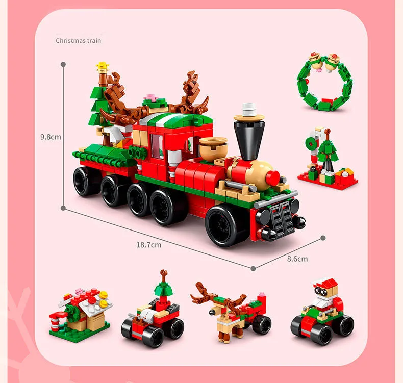 6 in 1 Christmas Block DIY Xmas Train Tree Cake Gingerbread House Reindeer Cart Building Brick Toy For Kids