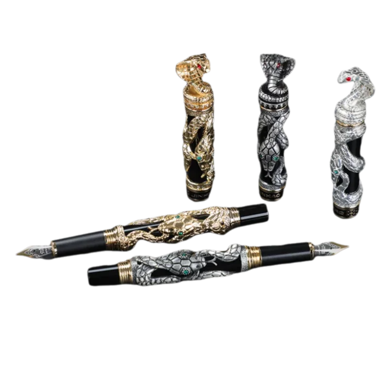 

Ручка-фонтан Jinhao Metal Ancient Golden Snake с 3D-рельефным узором в виде кобры, средний наконечник, для письма, чернильная ручка