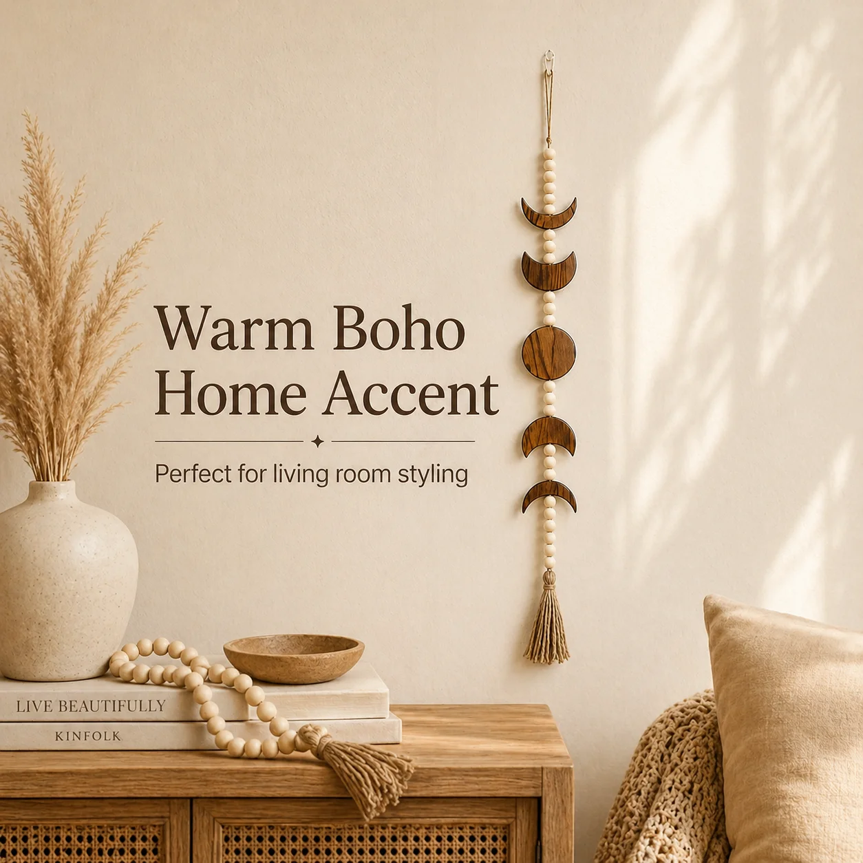 Boho Mondphasen Wandbehang Holzperlen-Girlande mit Quaste für Schlafzimmer Wohnzimmer Kinderzimmer Dekoration – Detail 3