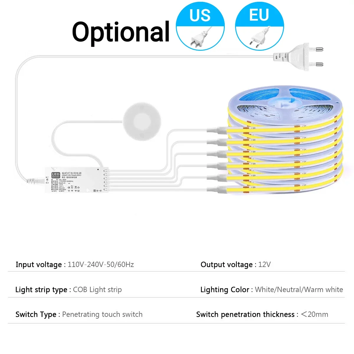 2-6PCS COB LED Strip Light Kit with Dimmable Touch/Hand Sweep Sensor Cabinet Lighting for Kitchen Wardrobe Background Wall Decor view 4