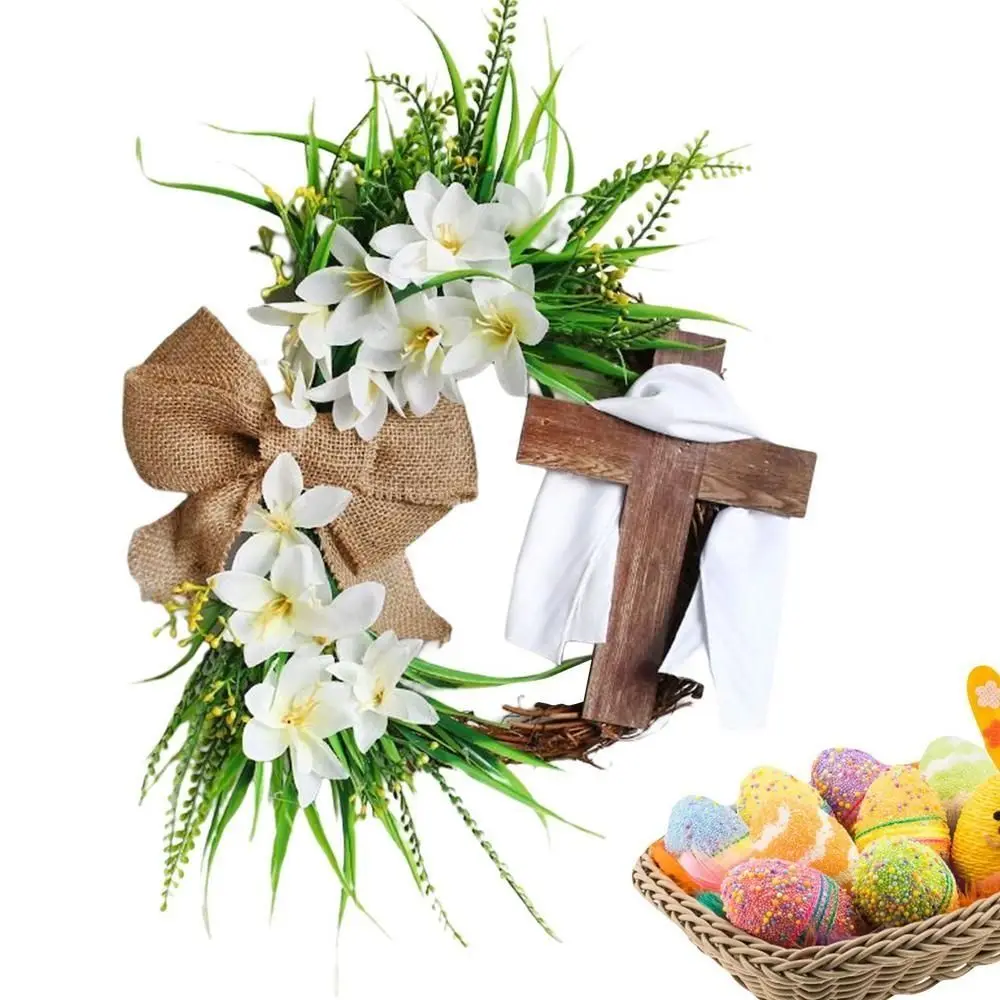 Durable Recyclable Easter Cross Wreath With Bow Stable Easter Wreath Pendant Easy to Hang Door Hanging Ornament Door