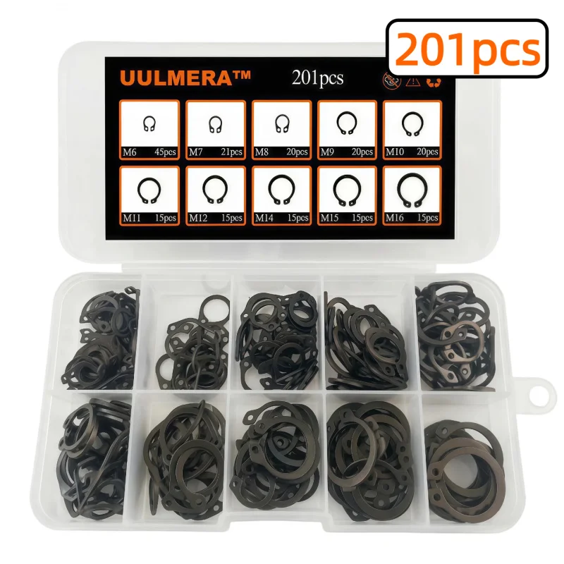 201Pcs M6-M16 Black Alloy External Circlip C-Type Snap Ring Assortment Kit Metric Retaining Ring Shaft Bearing Hardware Fastener
