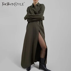 TWOTWINSTYLE Solid Minimalist Split Dresses For Women Lapel Long Sleeve High Waist Patchwork Single Breasted Loose Dress Female