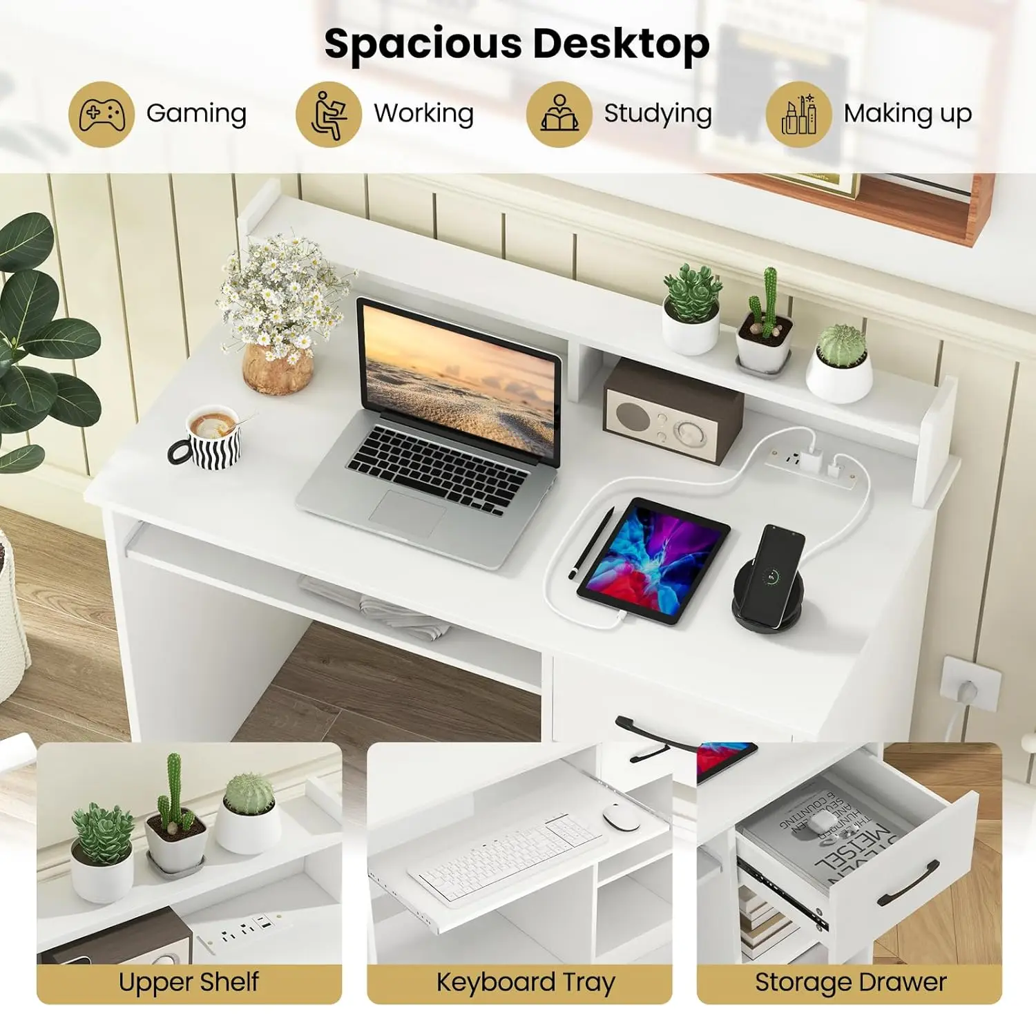 White Computer Desk With Charging Station, Type C Port, Modern Writing Desk With Drawer, Removable & Adjustable Shelf, Keyboard