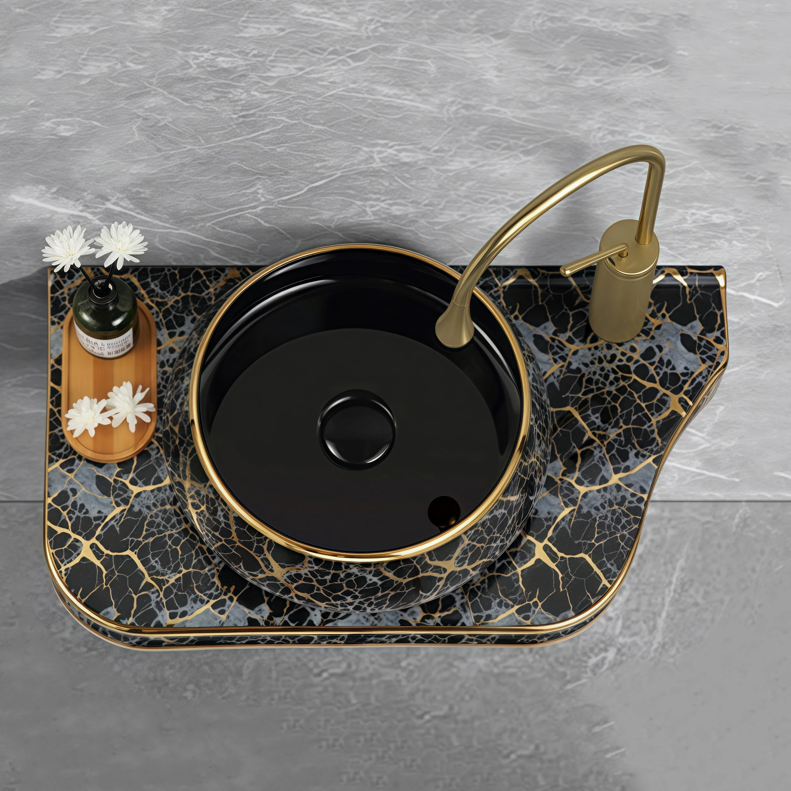 Luxury Modern Design Hotel Ceramic Bathroom Wash Basin Sink Unique Hand Painted Marble Black Golden Wash Hand Basin