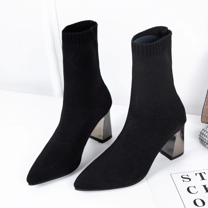 Spring 2025 New Elastic Boots Knitted Short Socks and Boots Electroplated Thin Heel Mid Sleeve Fashion Comfortable Women's Shoes