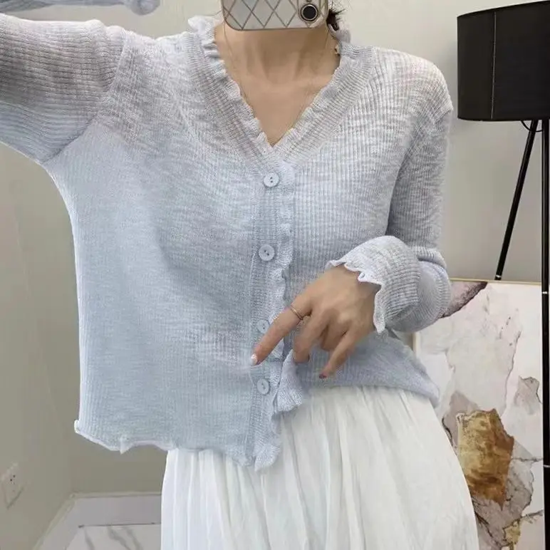 Women Long Sleeve Sheer Knit Cardigan Light Blue V Neck Ruffle Trim Buttons Thin Ice Silk Sunscreen Cropped Summer Shawl Top