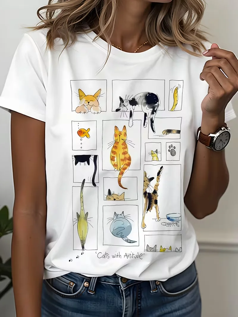 Women's T-shirt Hand Drawn Cat Fish Print Round Neck Short Sleeve Summer Casual Trendy Daily Wear Ladies Clothing