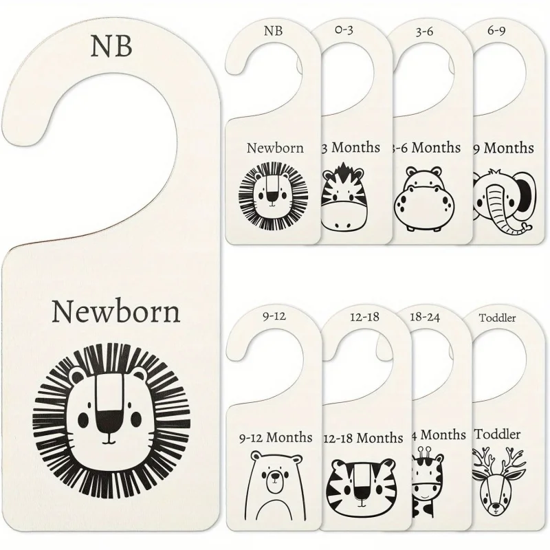 8Pcs Wooden Baby Closet Dividers Jungle Animal Theme Hanging Baby Closet Organizer Newborn to 24 Months Thicken Baby