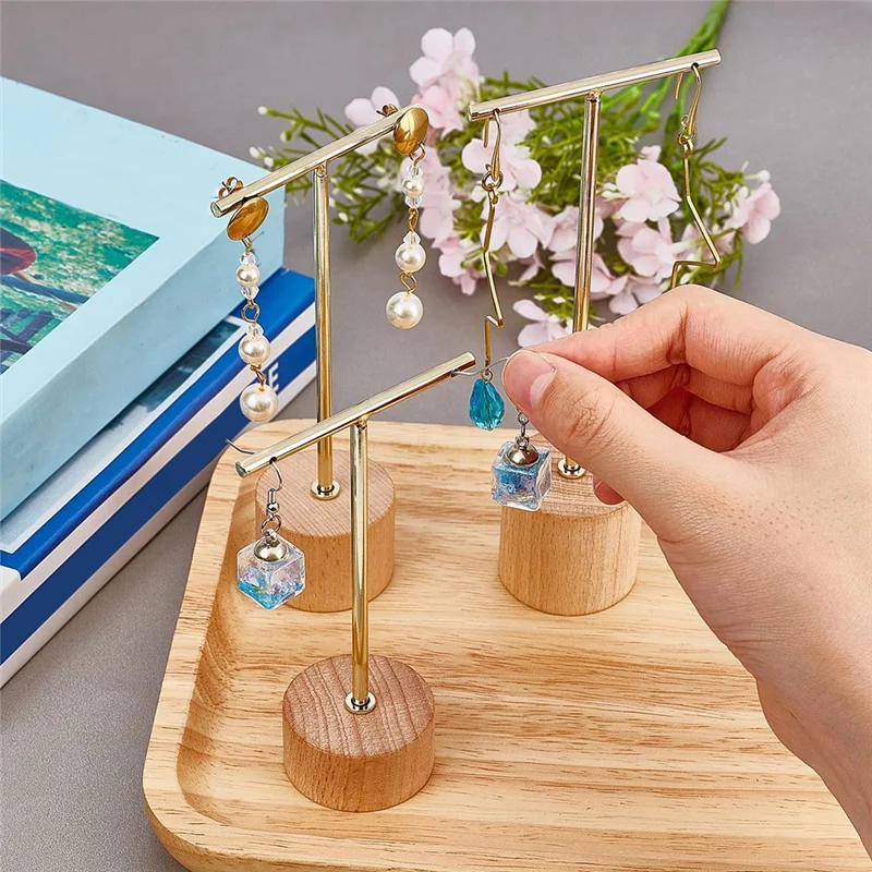 

A11I 3Pcs T Bar Earring Display Stand with Wooden Base Jewelry Holders Hanging Jewelry Organizer for Photography Props B
