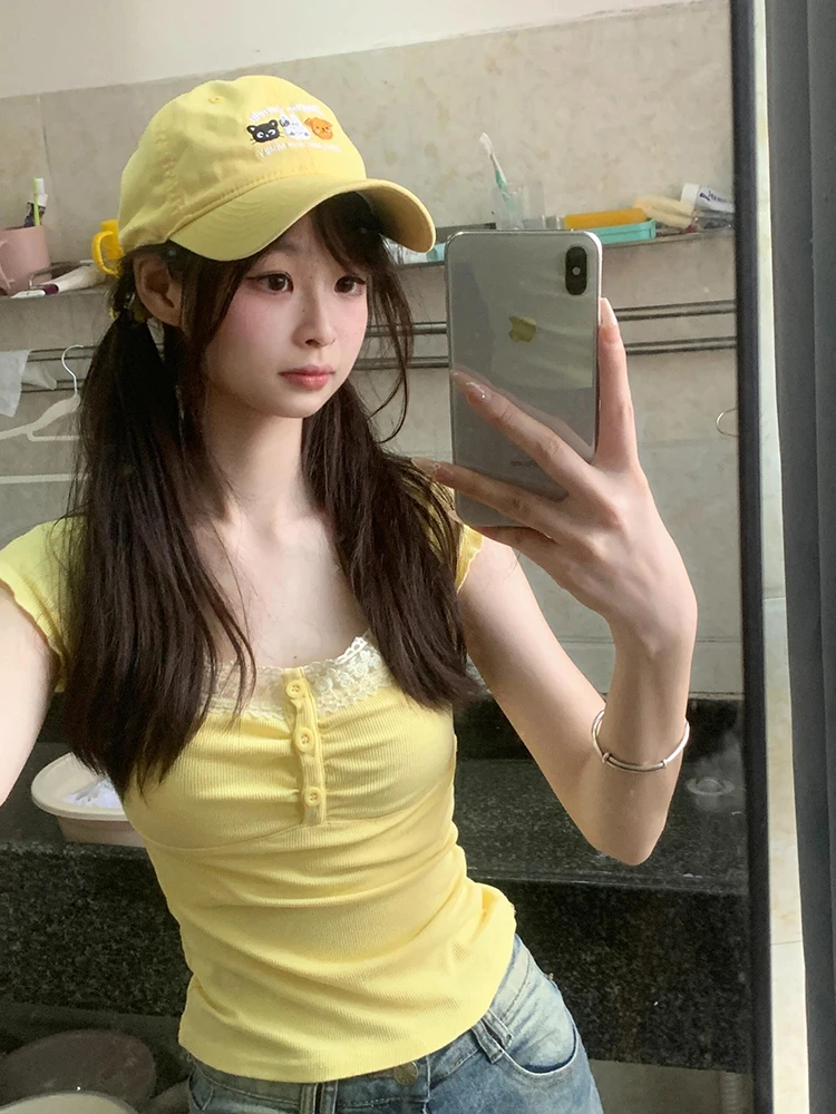Yellow Lace Square Collar Short Sleeve T-Shirt Women's Summer Slim Fit Sexy Pure Desire Short Top Button Detailing Youthful
