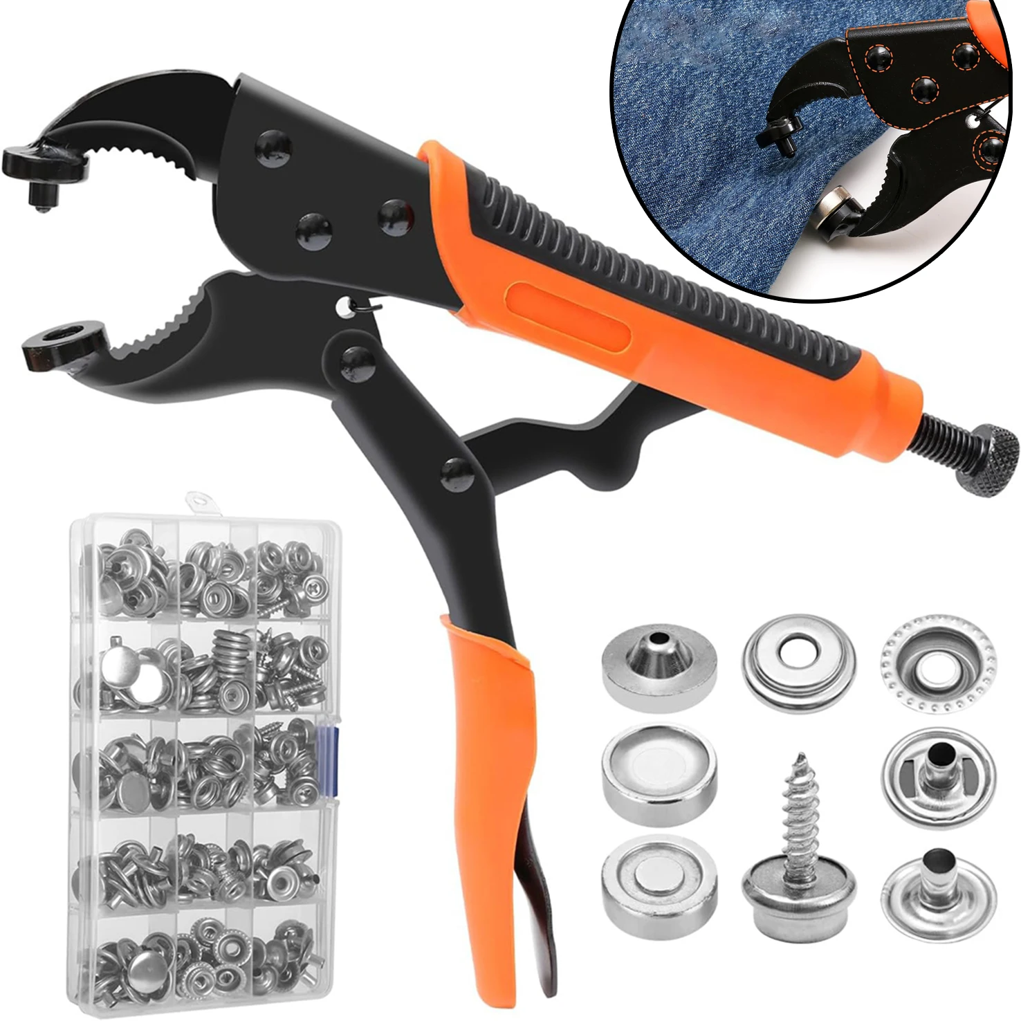 Bottoni a pressione in metallo con pinza per applicarli, kit di bottoni a pressione argentati senza cuciture, con pinza e strumento per applicare i bottoni su tessuti, abiti, bavaglini, camicie, per