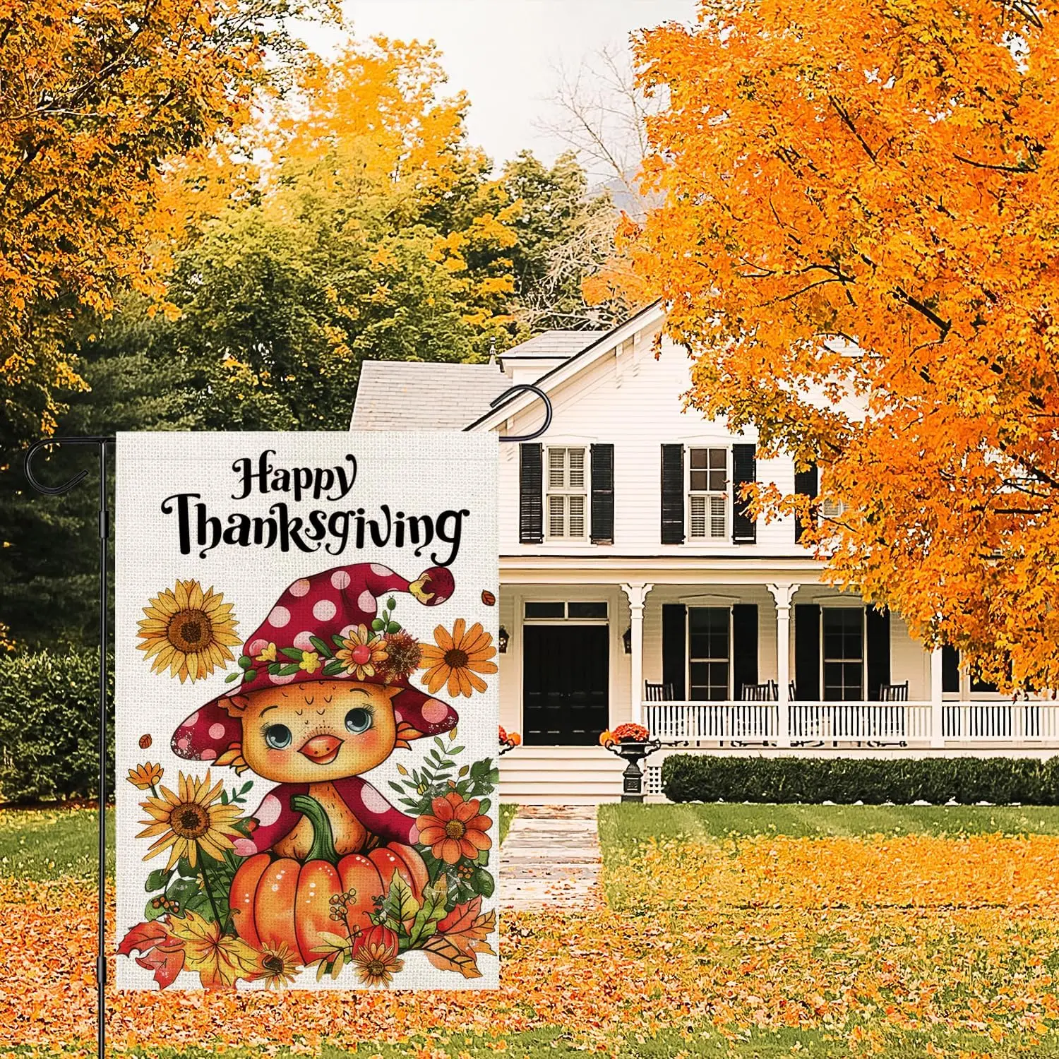 Happy Thanksgiving Turkey Garden Flag 12x18 Inch Double Sided for Outside, Autumn Decorative Pumpkin Flowers Small Fall Outd yyi