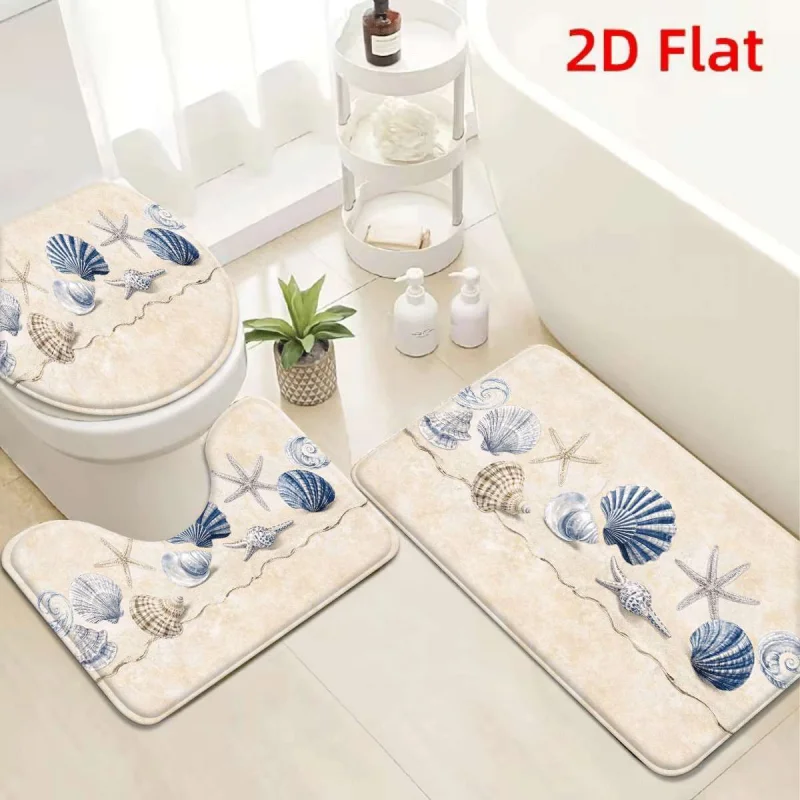 VIKAMA Coastal Sea Shell Starfish 3Pcs Bathroom Rug Set Non Slip Absorbent Toilet Mat Nautical Style Bathroom Floor Decor