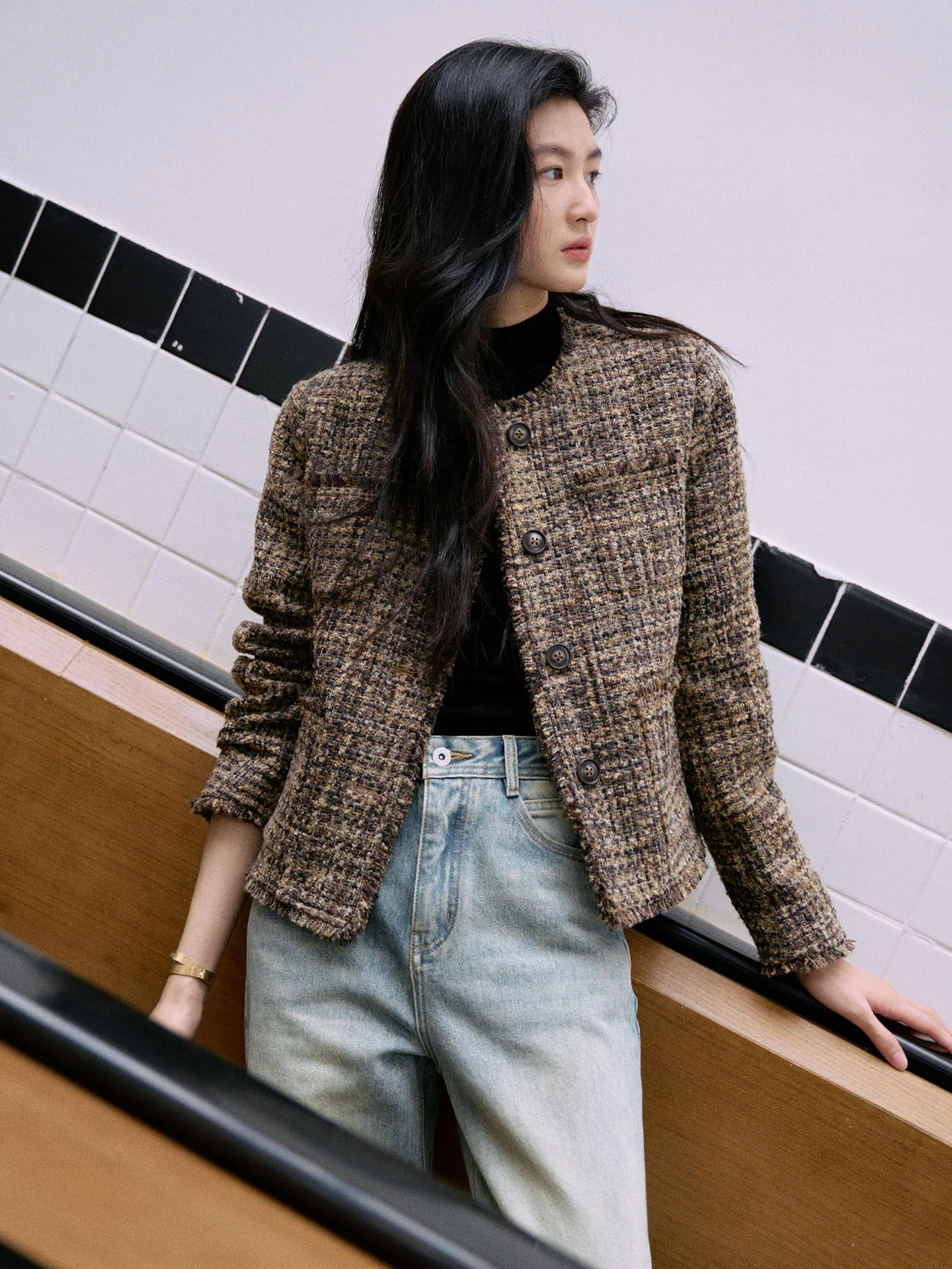 

Brown Tweed ort Outerwear Women's Spring 2026 New Old Money Sle Luxury Personali Open Cardigan Top Stand Fit Long Sl...