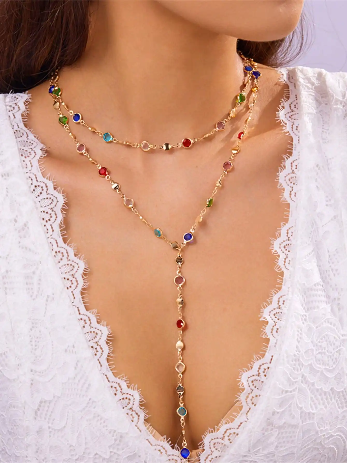 

Multicolor Rhinestone Oval Chain Y-Necklace for Women, Layered Statement Jewelry