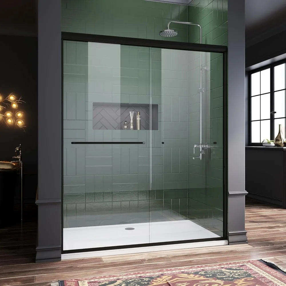 60 in W X 72 in H Semi-Frameless Sliding Shower Door with 1/4'' Clear Glass, Hardware Double Sliding Glass Shower Enclosure