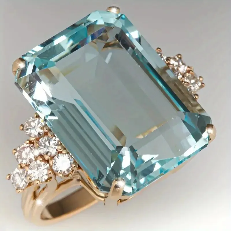 Luxuriöser Eingelegter Weißer Meeresblauer CZ Damenring Ästhetischer Goldfarbener Geometrischer Alltags- und Partyschmuck Jubiläumsgeschenk