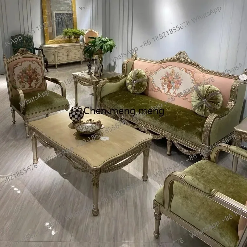 

M138French solid wood living room sofa combination palace style villa TV cabinet coffee table pink green printed fabric sofa