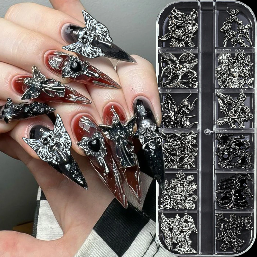 12Grids Punk Metal Halloween Skull Cross Nail Charms 3D Silver Black Gothic Baroque Angel Skeleton Alloy Nail Rivet Y2k Nail Dec